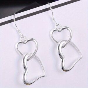 Double Heart Silver Dangle Earrings Interlocking Drop Pendant Love Fashion New